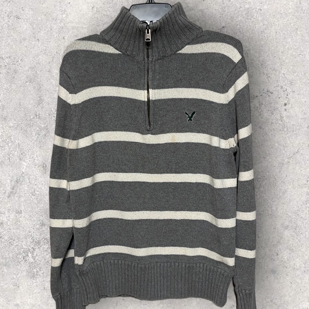 American Eagles gray stripe half zipper sweater. Large